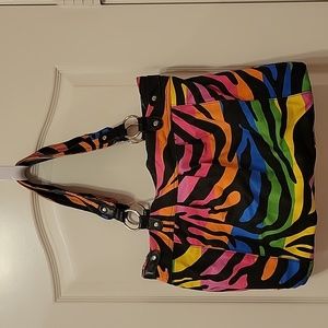 Great Condituon Neon Rainbow Zebra Print Tote Bag with Faux Leather-Like Accents